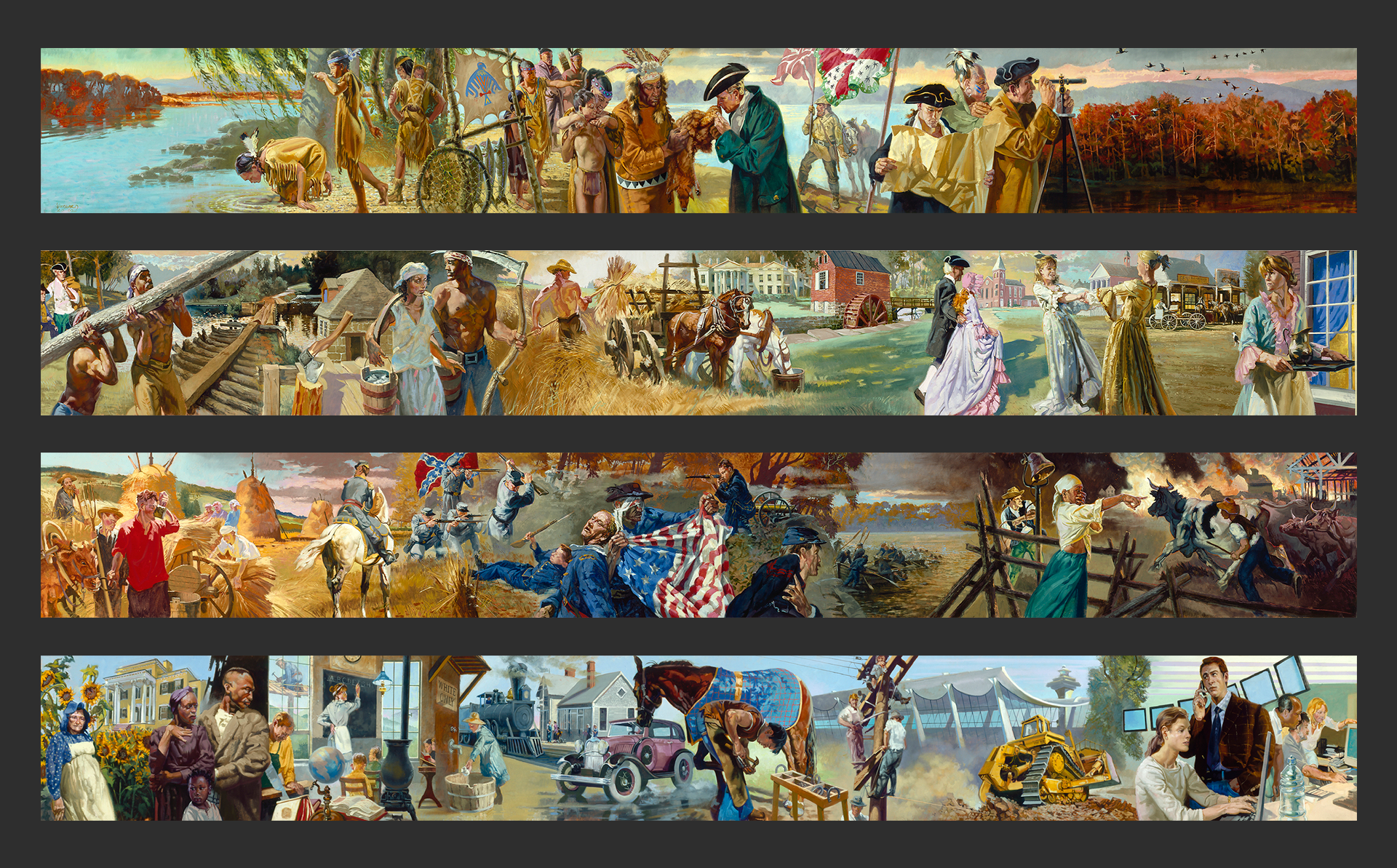 FTBMural Panel 1: The First Frontier depicts the original inhabitants and early European colonization.